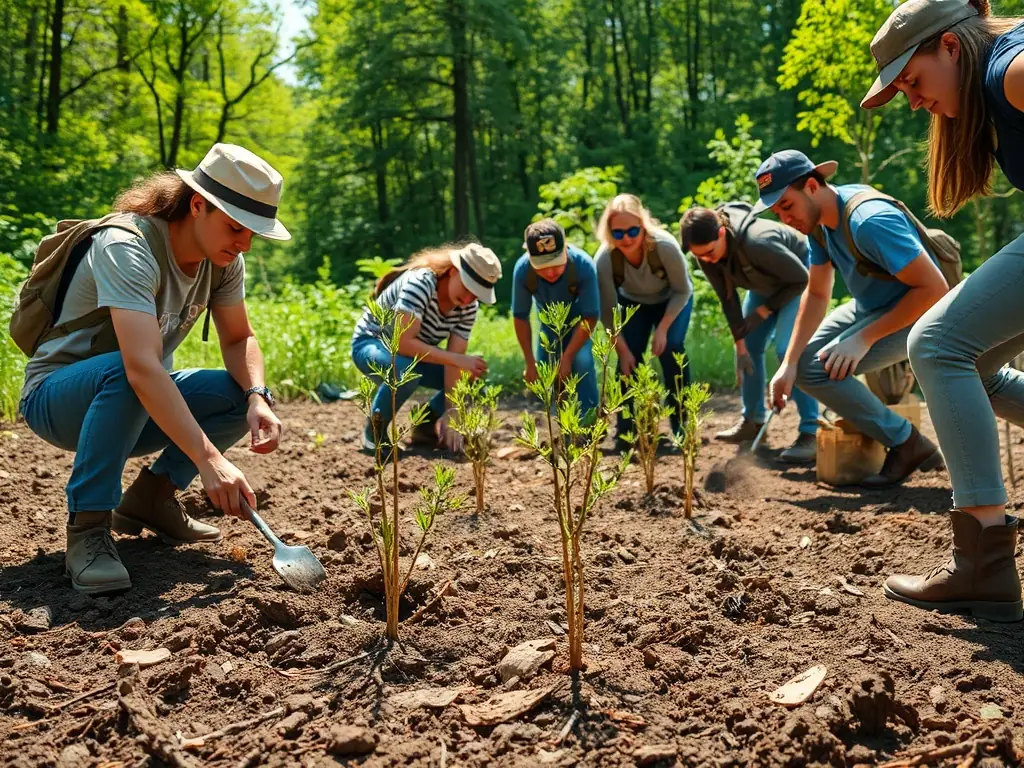 A group of volunteers planting trees in a deforested area, symbolizing environmental restoration and community involvement.
