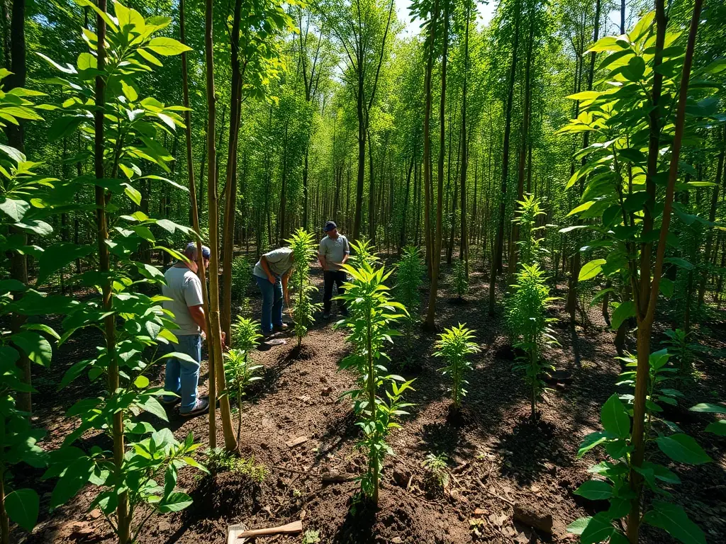 A lush forest scene with volunteers planting trees, symbolizing the reforestation efforts of LES AMIS DES BOIS DE LORGE.