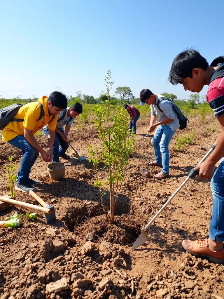 A group of volunteers planting trees in a deforested area, emphasizing reforestation efforts and community involvement.