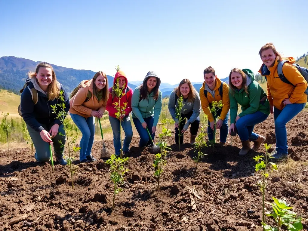 A vibrant image depicting volunteers planting trees in a deforested area, showcasing the organization's reforestation efforts and commitment to environmental restoration.
