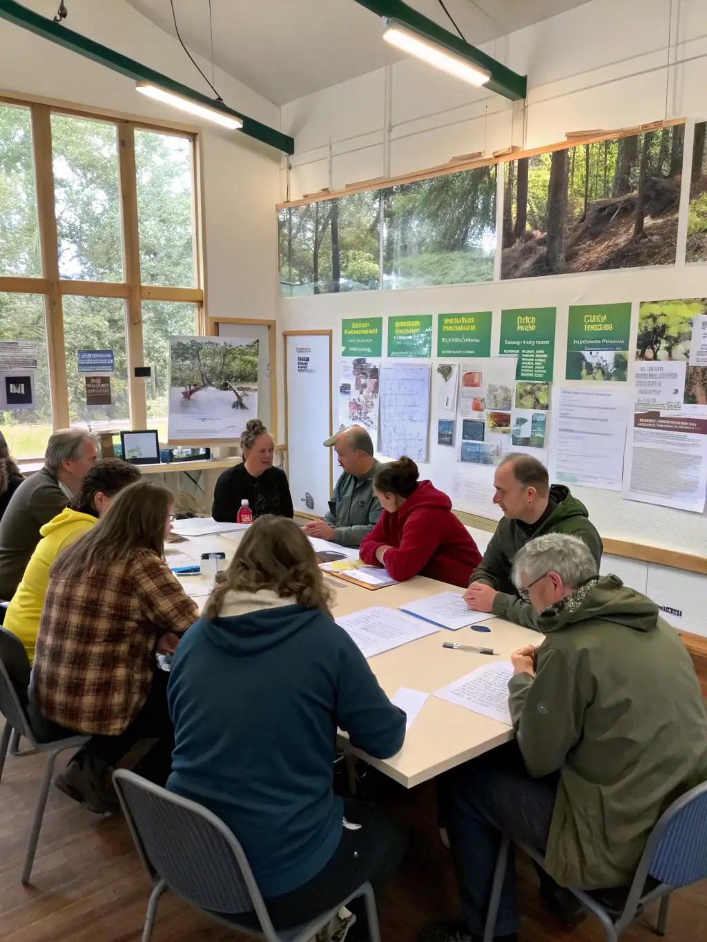A workshop where community members are learning about sustainable forestry practices from an expert.