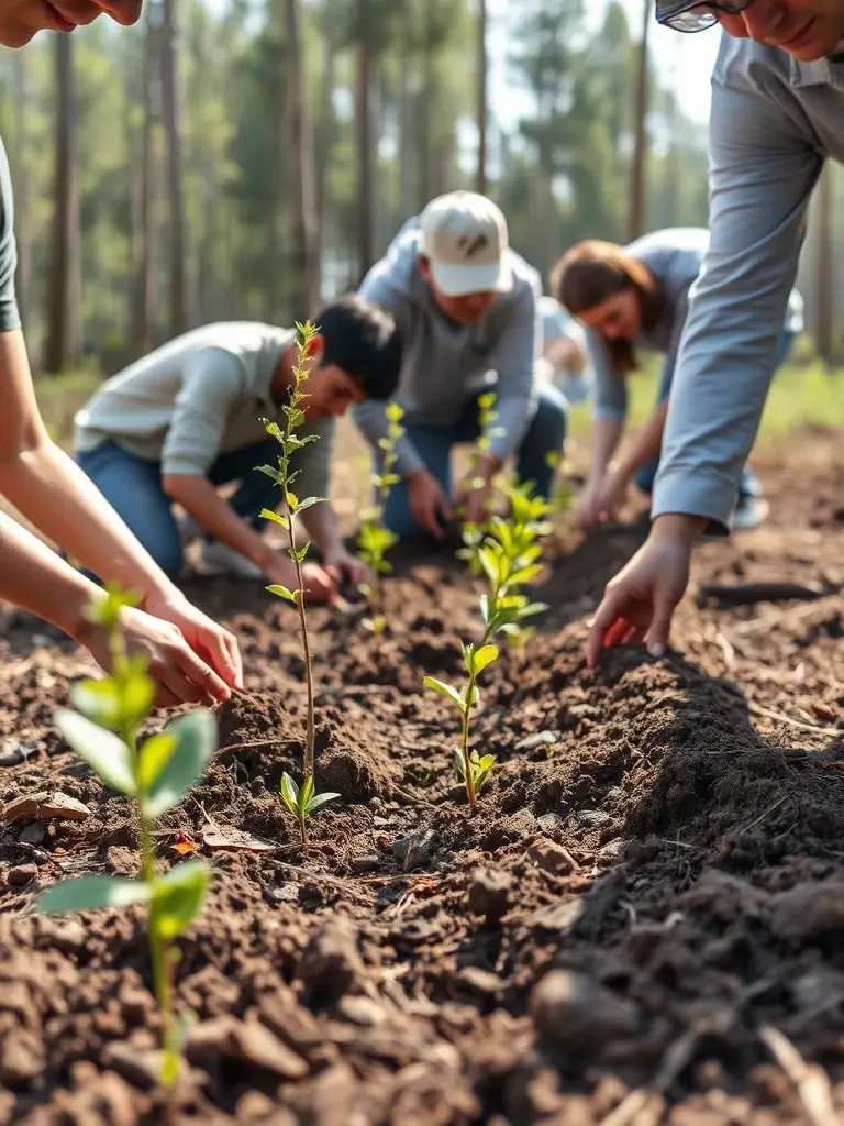A photograph showcasing volunteers planting trees in a deforested area, emphasizing reforestation efforts by Les Amis des Bois de Lorge.