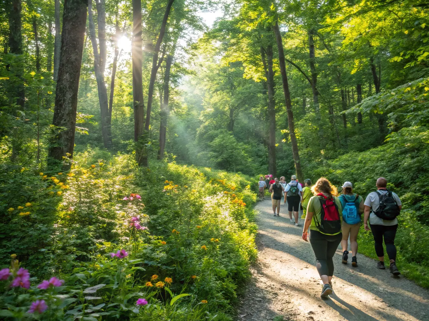 A group of community members participating in a guided nature walk, highlighting the educational programs offered by LES AMIS DES BOIS DE LORGE.