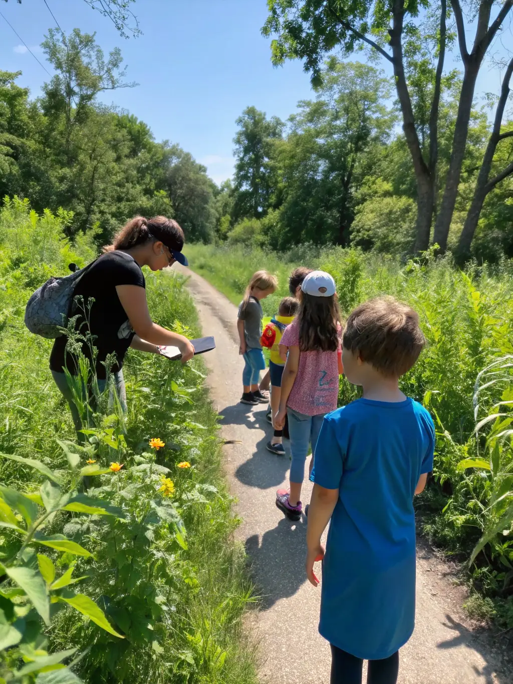 A group of children participating in an outdoor environmental education program in the forest.