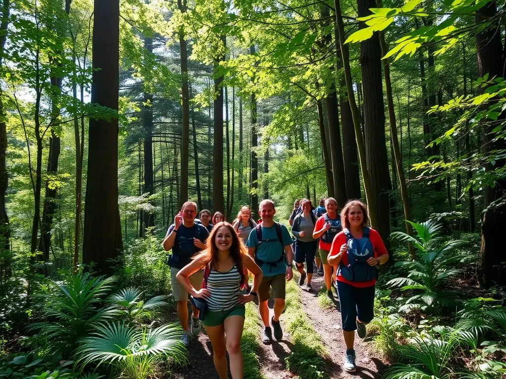 A diverse group of people participating in a guided nature walk through the Bois de Lorge, emphasizing community engagement and environmental education.