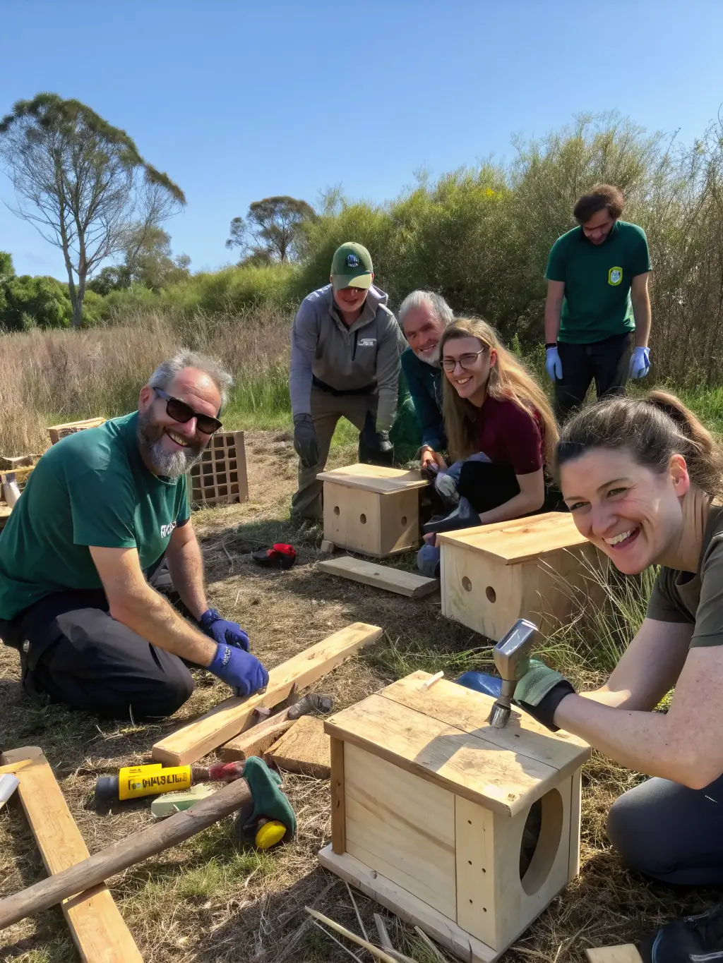 A photograph showing the construction of a wildlife habitat, such as a bird nesting box or a small animal shelter.