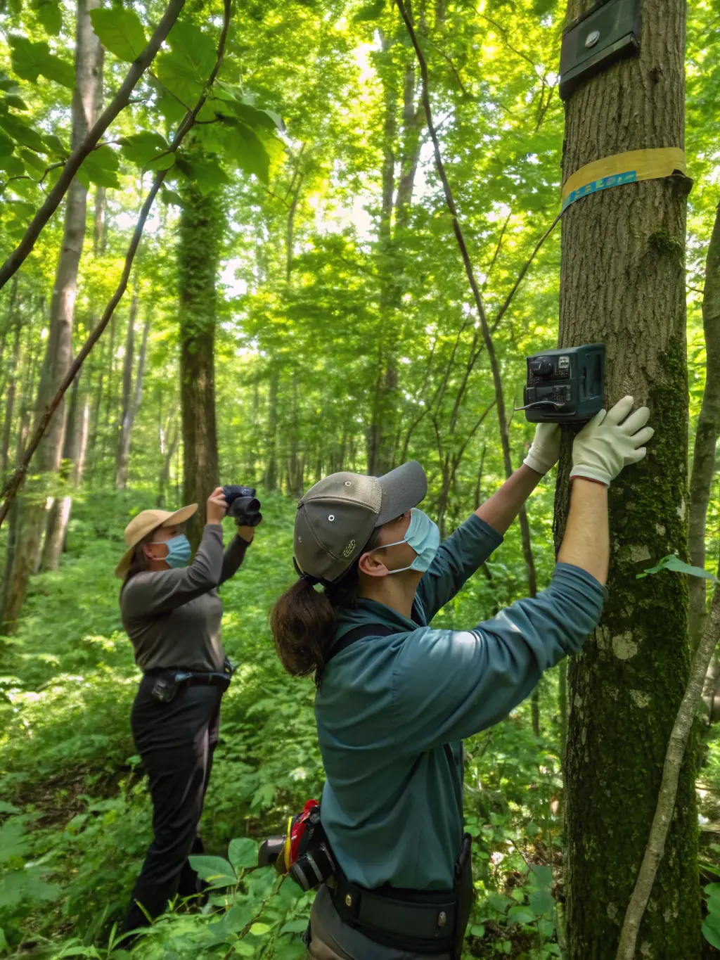 A photo of researchers monitoring wildlife in the Bois de Lorge forest, showcasing biodiversity research and conservation.