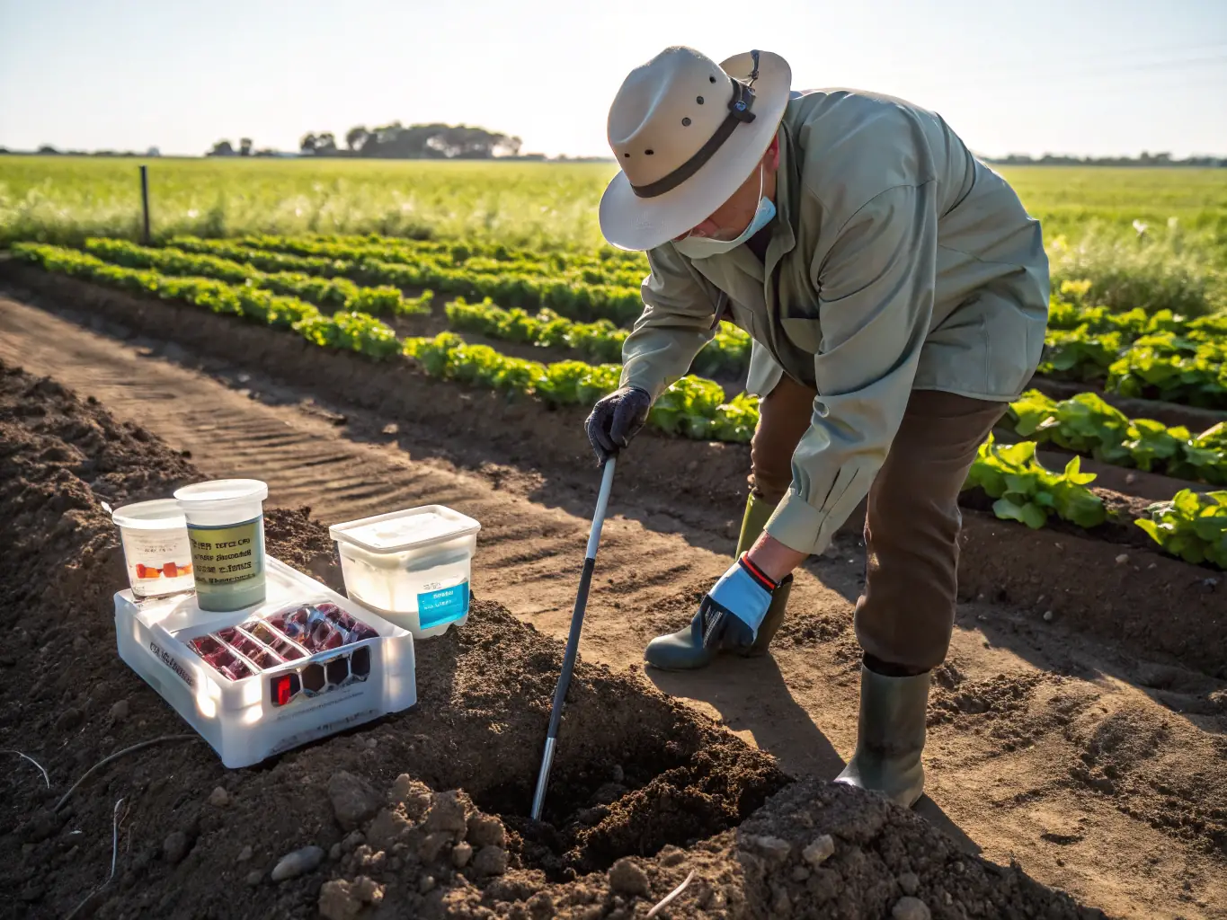 A person using scientific equipment to test soil quality in a forest, representing the organization's commitment to responsible environmental management.