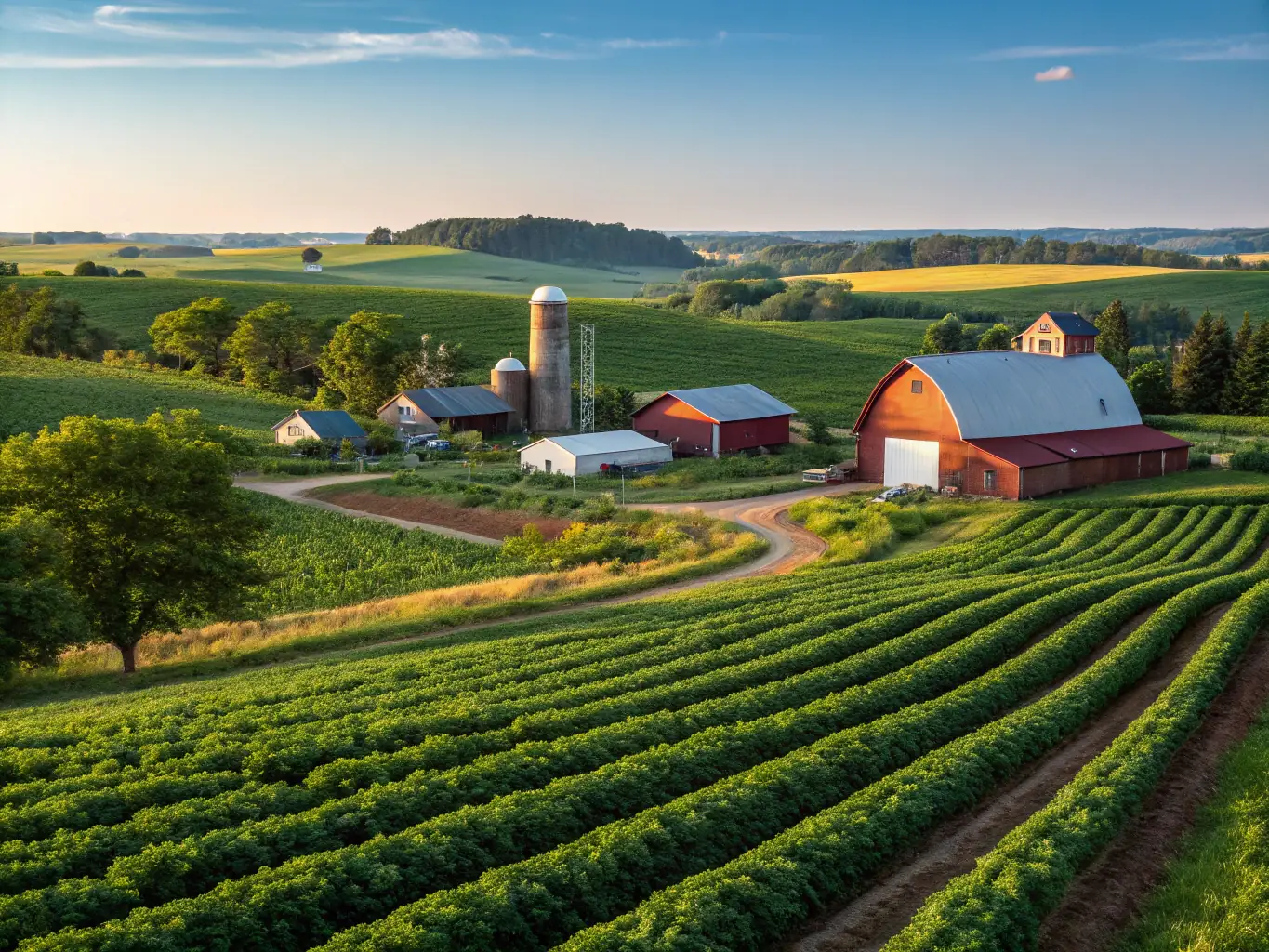 A picturesque image of agricultural land managed using sustainable farming techniques, demonstrating the organization's commitment to responsible land use and food production.
